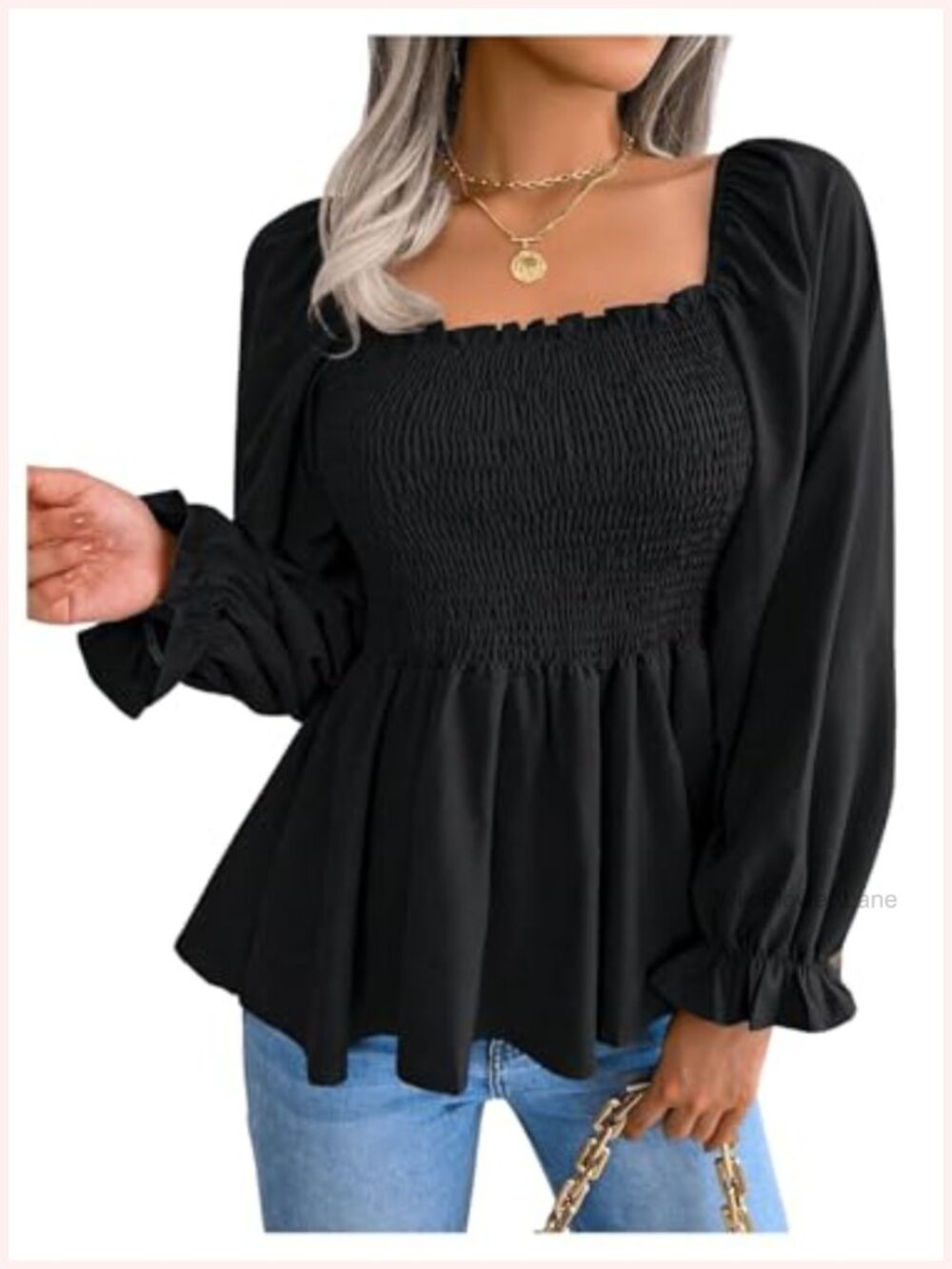 Smocked Peplum Blouse Square Neck Puff Long Sleeve Ruffle Hem Office Top